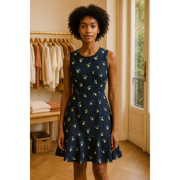 Draper James Navy Lemon Floral Ruffle Hem Fit Flare Dress Size 8 - Picture 1 of 9